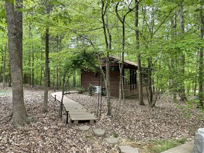 The trees in bloom really capture the cabins coziness 