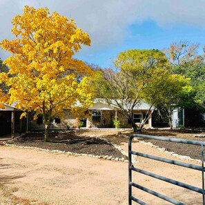 Fall colors of the front yard, front porch, private driveway and carport