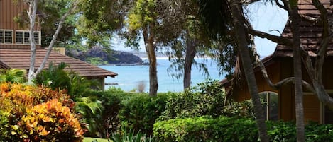 Your view from the lanai.  Just steps from a white sandy beach.