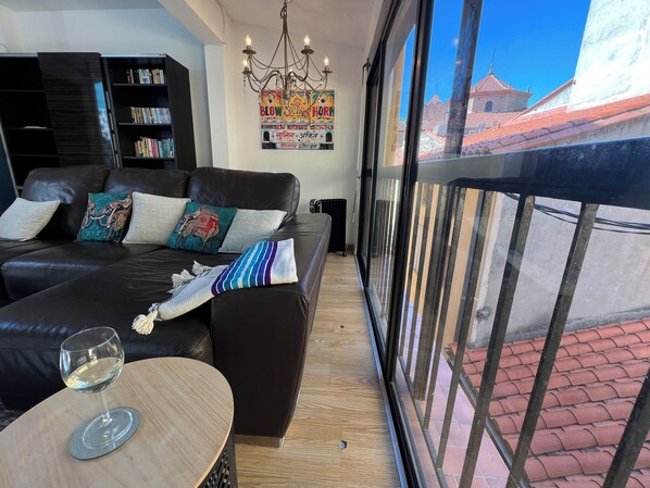 Sitting room view of Church bell tower