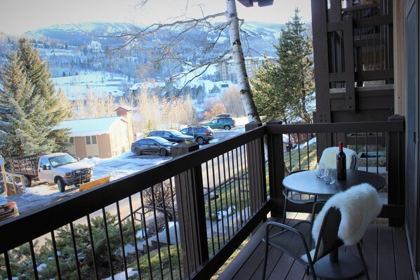 After a long day of skiing enjoy a glass of wine on your private patio. 