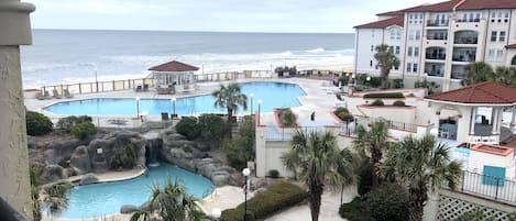 Stunning views of beach and resort areas from balcony