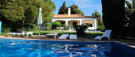 Villa view with swimming pool & garden