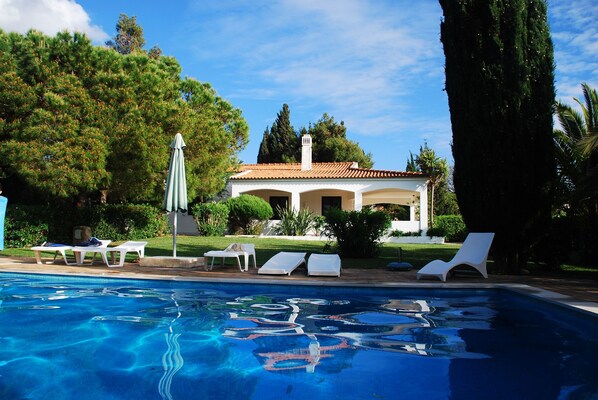 Villa view with swimming pool & garden