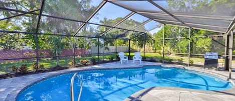 screened in pool area with large private yard