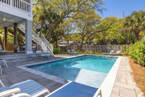 Pool into backyard