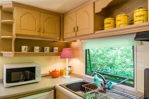 A country kitchen, Cooker with hob, fridge, microwave, kettle & toaster.