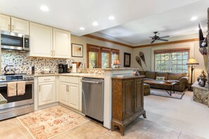 Newly Renovated Fully Stocked Kitchen, opens into Living Room