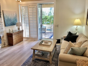 Plantation Shutters add or filter light in both living room and bedroom.   