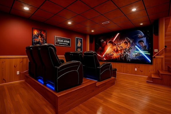 Earth shattering klipsch surround sound on a big screen. Just bring your favorite snacks and drinks!