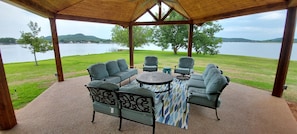 Large patios with multiple seating areas with gorgeous views of Costello island 