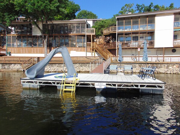 waterslide, sunbathing, and swimming. enjoying the water is what it's all about