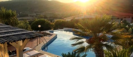 Private Pool area in the upper level at sunset