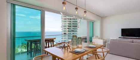 Dining area open to the kitchen and living area with great views