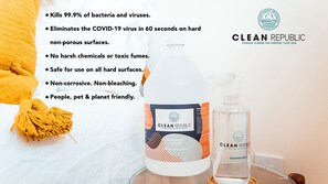 Clean Republic's products use hypochlorous acid (HOCl), a natural infection-fighting compound also produced in our bodies. It's natural, no toxic chemicals that don't belong in a home.