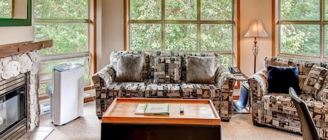 Living room with gas fireplace and sofabed