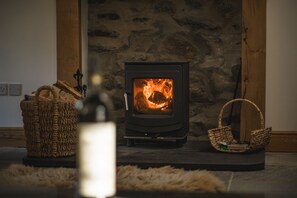 Cosy Log burning stove and fireplace  in living area.