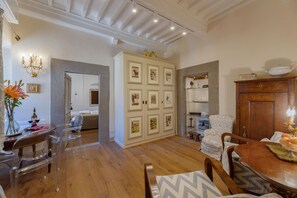 Living room, dining room and kitchen