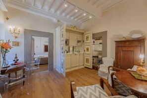 Living room, dining room and kitchen