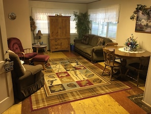 Living room with original multi-colored cork flooring 