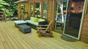 Deck sofa with amazing lake view for everyone to enjoy