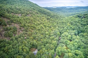 Aerial view of cabin and surrounding area