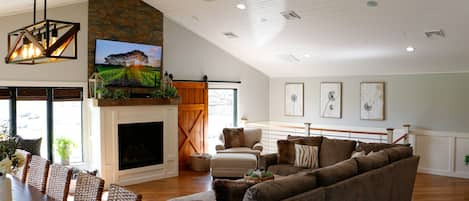 Living Room with bluetooth entertainment and cozy fire place