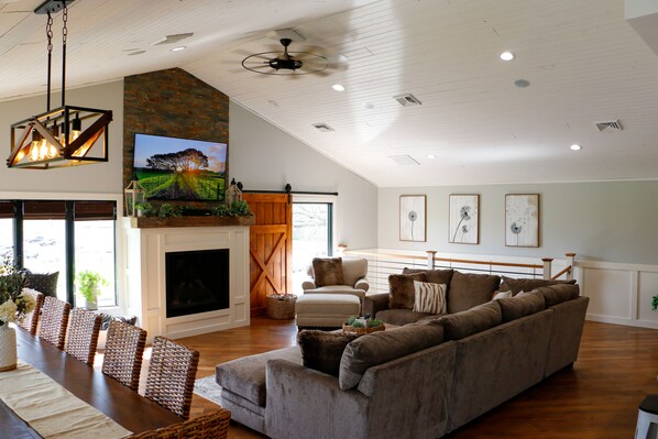 Living Room with bluetooth entertainment and cozy fire place