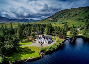 Aerial view of Lochside House (right-hand wing) and Apartment (middle gable)