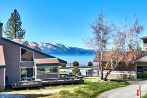 A view of the lake and mountains, as seen from the second floor balcony