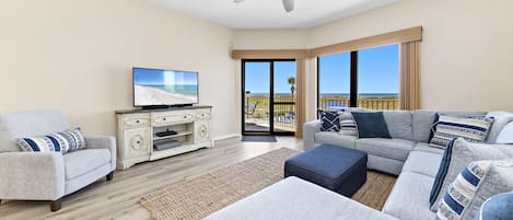 Newly updated spacious Living Room with Plenty of comfortable seating and Beachfront Private Balcony