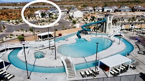 New amenities across the street: pool, lazy river, slide, splash pad, & hot tubs