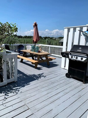 Large back deck with picnic table and lounge chairs.