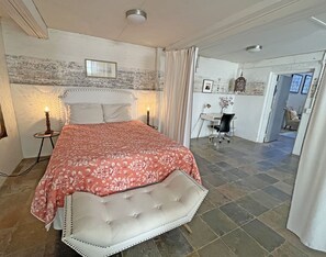 Second Queen Bedroom, Separated by Drapes, With Desk Area and Living Rm. Beyond