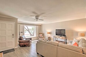 Relax in the home's well-lit living space.