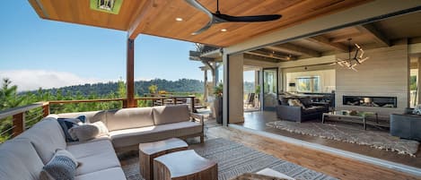 Views from East Bay, SF to Mt. Tam. Outdoor living room with heat lamps and TV