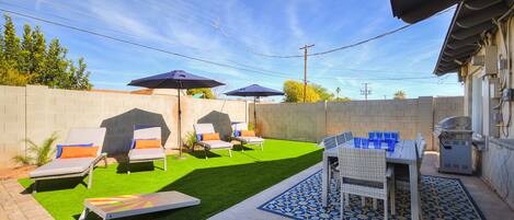 Patio and lounge area with backyard games