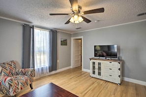 Hardwood floors flow throughout the main living area.