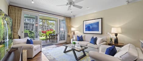 Chic and comfortable living area with direct access to lanai