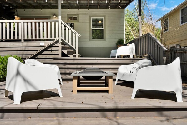 Best backyard in Austin with a fire pit, multi-level decks, BBQ pit + ping pong