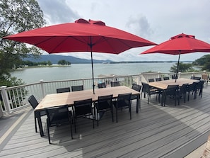 ....a Large dining area for 20 with a spectacular lake and mountain view!