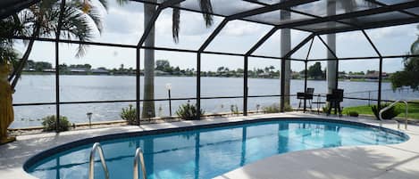 pool with exceptional lake view at the crack of dawn