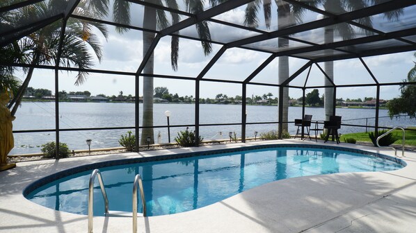 pool with exceptional lake view at the crack of dawn