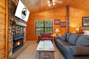 The living Area features a Seasonal Gas Fireplace, Cable TV/DVD, and a Sofa Bed