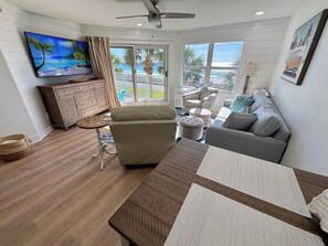 Enjoy the view in this light and airy living space with plenty of seating.
