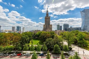 View from the window of the city centre with the Palace of Culture and Science. 