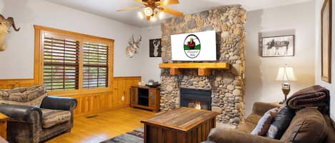 Living Room with Cable TV, Seasonal Gas Fireplace and Sleeper Sofa
