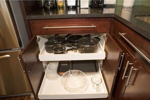 Fully Stocked Kitchen from Glassware to Pots and Pans.