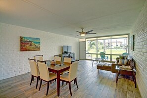 open Living, Dining, and Kitchen space. Dining table seats 6 comfortably