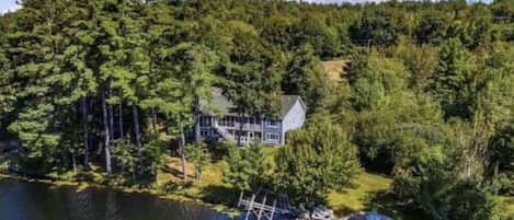 Bird's Eye view of the Lakefront Home, yard, beach, dock and beautiful water!